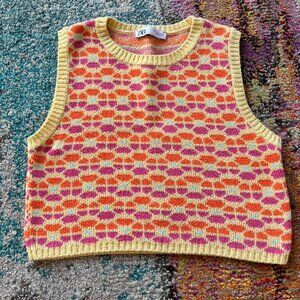 Zara Knit Cropped Sweater Vest – Yellow Pink Retro Pattern Sleeveless Top | Zara